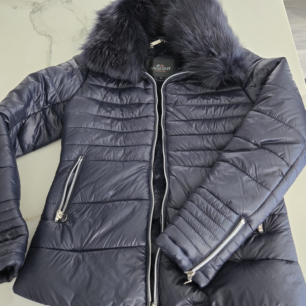 Missoni Dark Blue Puffer Jacket with Faux Fur Collar Removable Size M